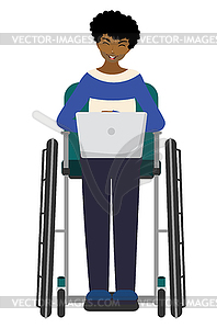 Disabled man in wheelchair with laptop - vector clipart