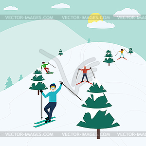 Люди катаются на лыжах в горах - изображение в векторе / векторный клипарт