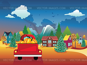 Autumn village and red pickup with pumpkins - vector image