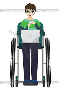 Disabled man in wheelchair with laptop - vector image