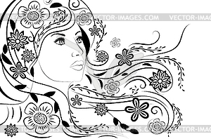 Floral girl portrait in black and white - vector clip art