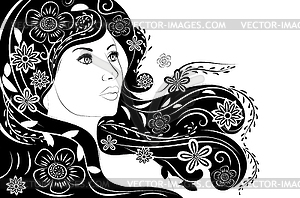 Цветочный портрет девушки в черно-белом - векторный клипарт / векторное изображение