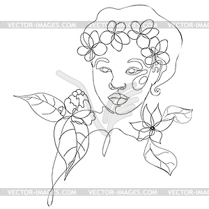 Floral line art woman portrait - vector clipart