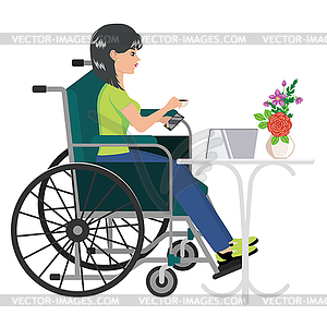 Girl on wheelchair with smartphone - color vector clipart