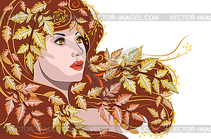 Girl with fall leaves in hair - vector image