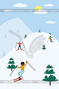 Люди катаются на лыжах в горах - изображение в векторе