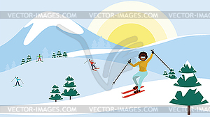 People skiing in mountains - vector clip art