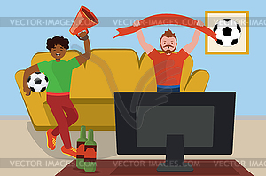 Two soccer fans watch TV - vector clipart