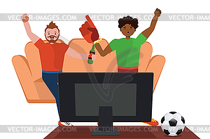 Two soccer fans watch TV - vector clipart