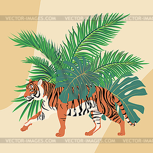 Walking red tiger with tropical leaves - vector clip art