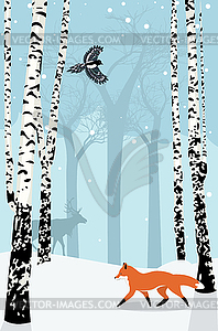 Winter birch trees and animals - vector image