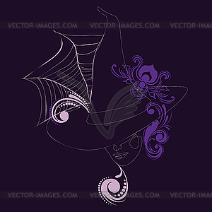 Witch hat and face with floral line art - vector image