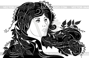 Girl with leaves in hair black and white - vector clipart