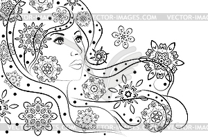 Girl with snowflakes in hair black and white - vector image