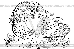 Girl with snowflakes in hair black and white - vector clipart