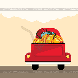 Red pickup truck and pumpkins - vector image