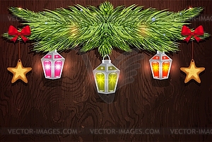 Pine branch with Christmas decorations vector - vector image