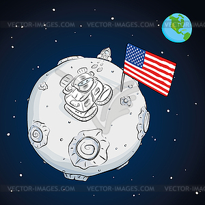 Astronaut whith flag USA on moon color - vector clip art