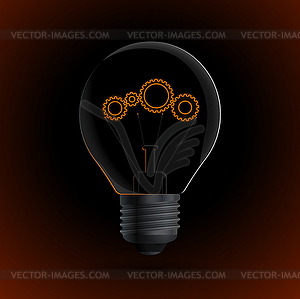 Lightbulb with gear sign on dark background - vector clip art