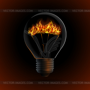 Lightbulb with fire on dark background - vector clipart