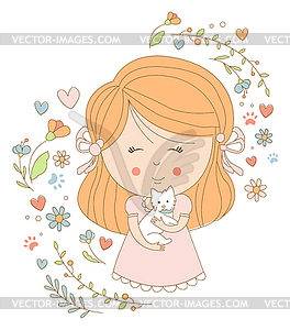 Girl Holding Cat - vector image