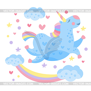 Cute Rainbow Unicorn in Clouds.  - vector image