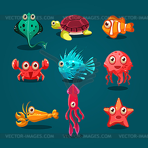 Cute Sea Life Creatures Cartoon Animals Set - vector clipart