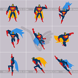 Superhero in Action. Silhouette Different Poses - vector clip art