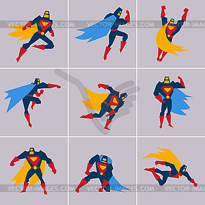 Superhero in Action. Silhouette Different Poses - vector clip art