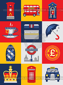 Flat Style Poster With London Symbols and Landmarks - vector clip art