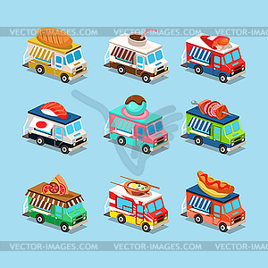 Vans with Food in Style an Isometric - vector clip art