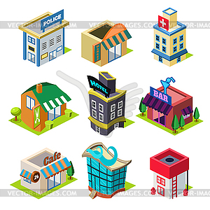 Set of Isometric City Buildings and Shops - vector image