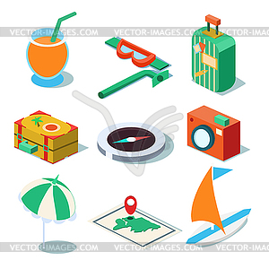 Travel Objects Icon Set Flat 3d Isomectric Modern - stock vector clipart