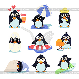 Penguin Set , with Penguins in Different Situations - vector image