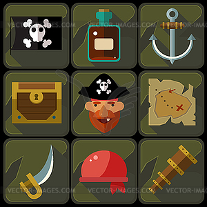 Color Flat Icons Set and s Pirate - vector image