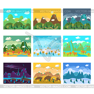 Landscape Cartoon Seamless Backgrounds Set - vector image