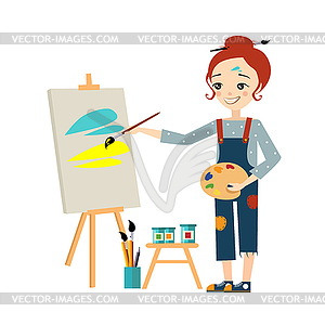 Beautiful Artist Woman Painting on Canvas - vector image