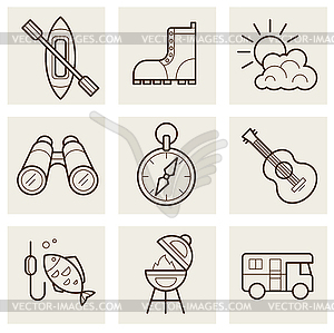 Camping and Outdoor Outline Icons - vector image