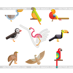 Flat birds made of geometric figures - vector clipart