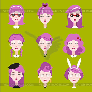 Fashion Girls in Head Accessories Set - vector image