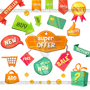 Emblem Sale, Discount Super Offer - color vector clipart