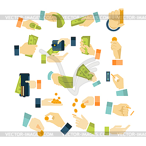 Money in Hands Icons Flat Style Set - vector image