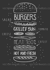 Chalk Drawn Components of Classic Cheeseburger - vector clipart