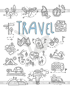 Travel, camping icons in Doodle style great set - vector clipart