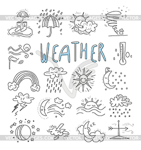 Hand draw cartoon weather events doodle icons - vector clipart