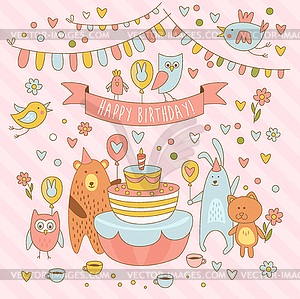 Happy birthday holiday card with cute animals, bear - vector clipart