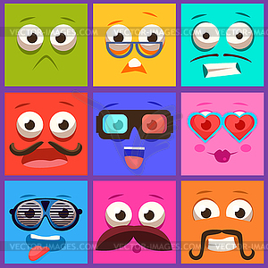 Cartoon Faces with Emotions and Mustache. Set - vector image