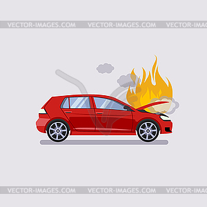 Broken hood of red car is covered with fire and - vector clipart