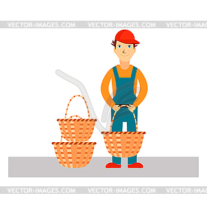 Delivery Man with Baskets, - vector clip art