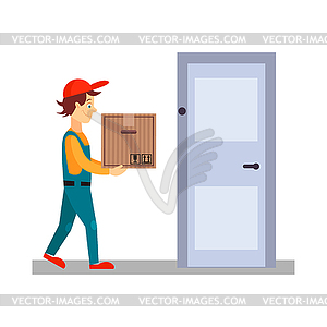 Delivery Man at Door with Box, - vector clip art